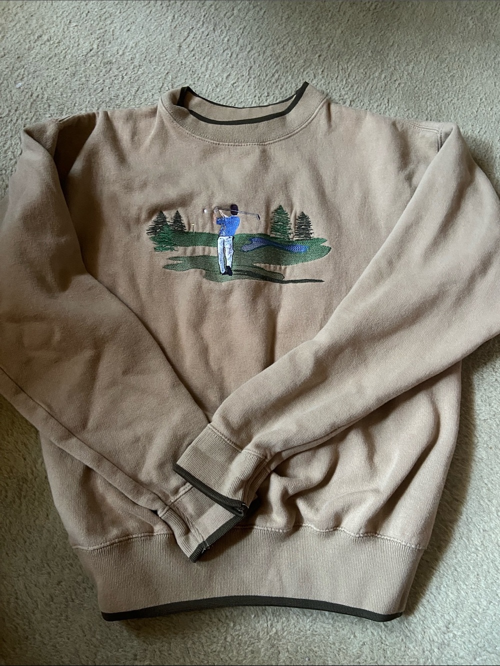 Vintage Men's Beige Golf-Embroidery Crewneck Sweater